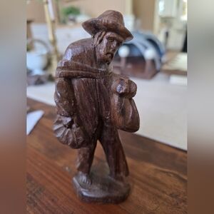 Handcrafted Wooden Sculpture Wood Traveler With Satchel Bags Hat Beard 6" Tall